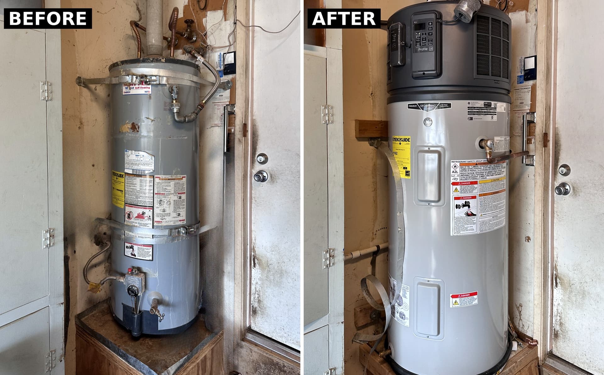 Old Gas Water Heater Out, GE Heat Pump Water Heater In image